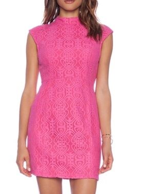 MINKPINK Singapore Sling Pink Lace Cap Sleeve High Neck Bodycon Mini Dress